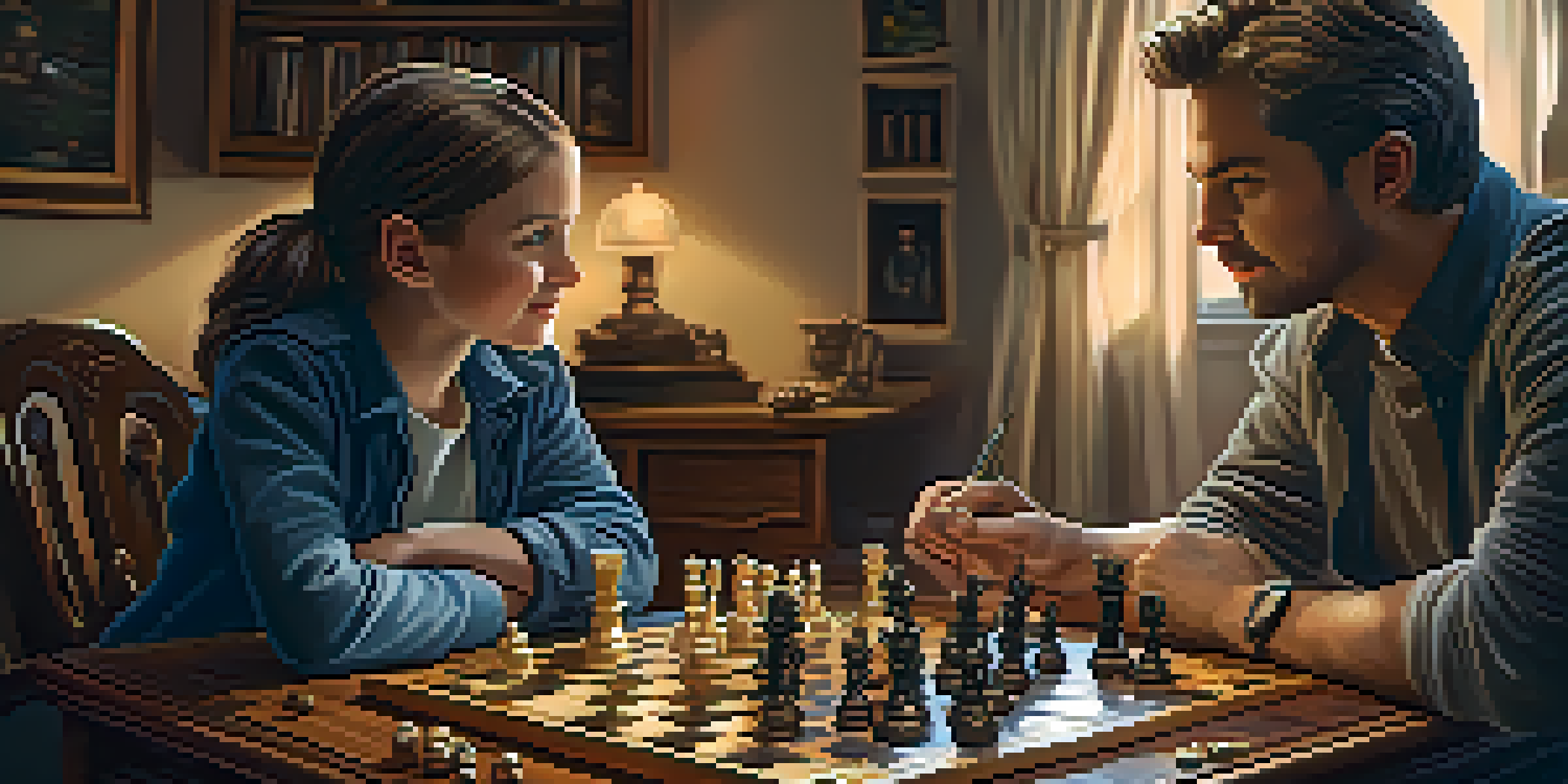 A chessboard with beautifully crafted pieces on a wooden table, illuminated by soft ambient light, with family members in the background.