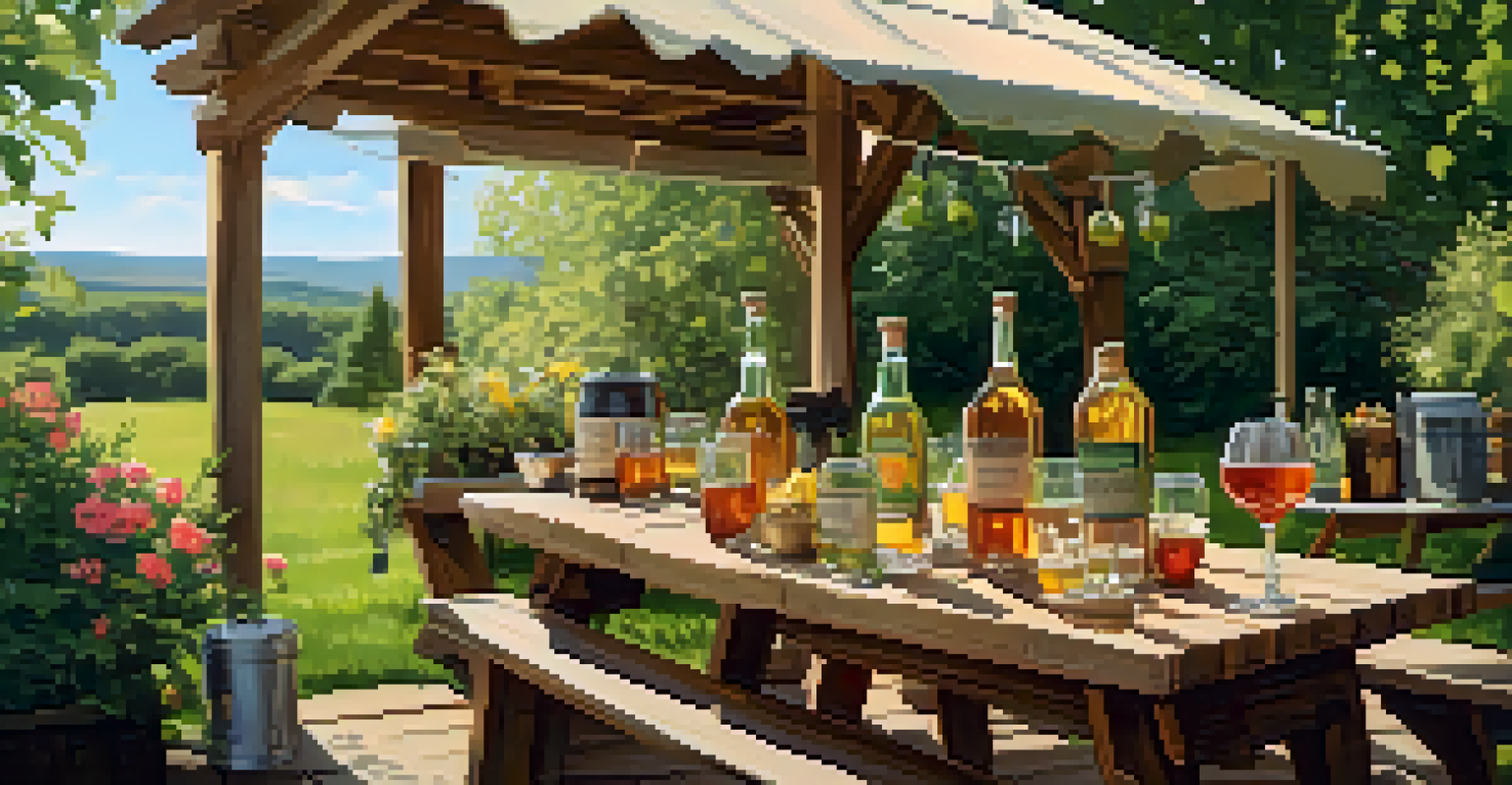 A cheerful outdoor cider tasting party with bottles of cider, cheese platters, and glasses on a wooden table in a sunny garden.