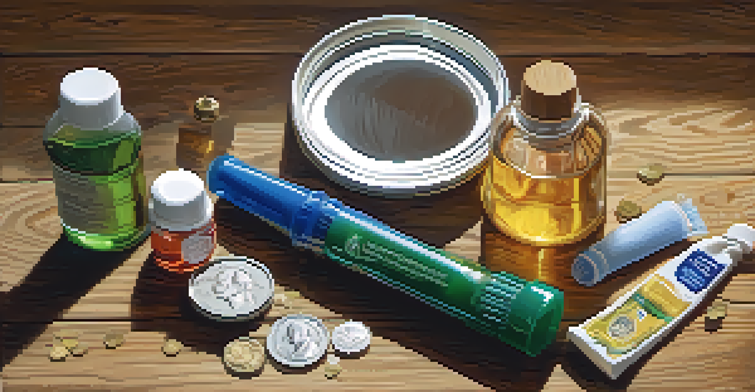 An assortment of coin cleaning supplies, including a brush and cloths, displayed on a wooden table.
