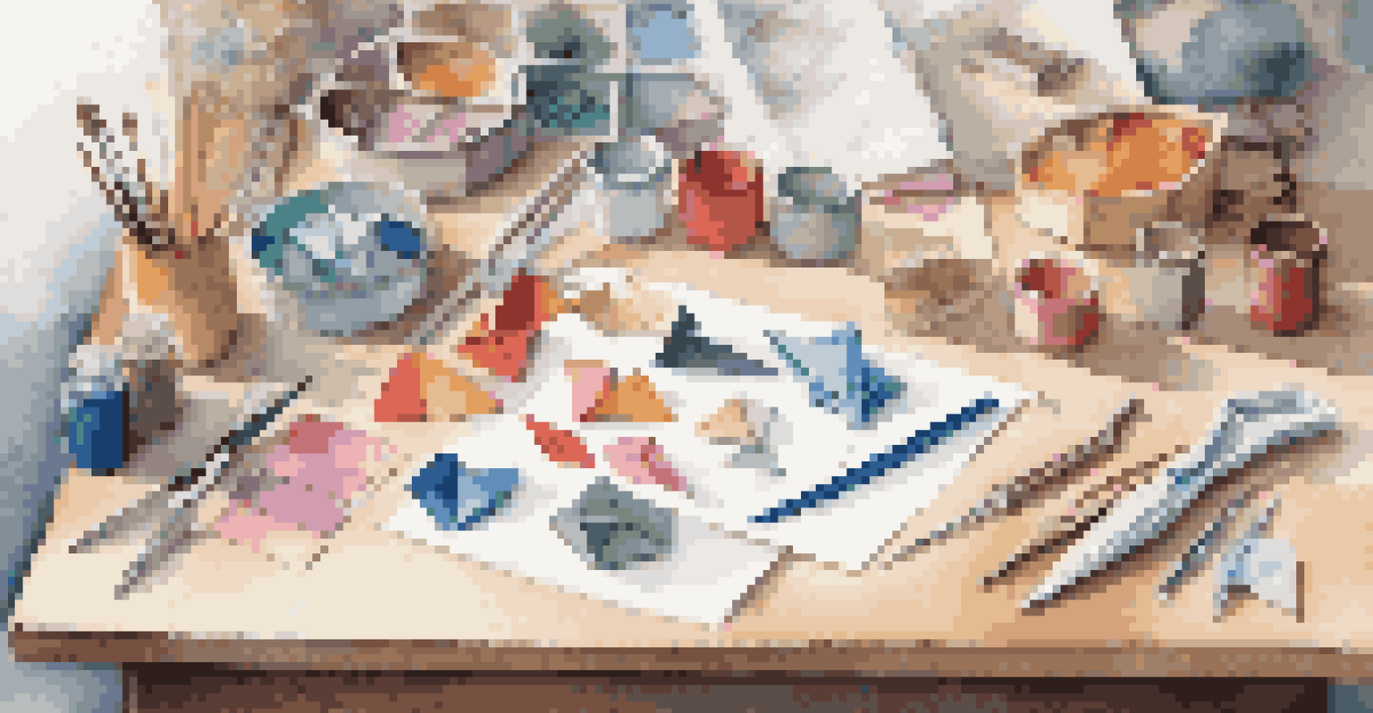 A neatly organized crafting workspace with colorful origami papers, scissors, and tools, ready for creating origami jewelry.