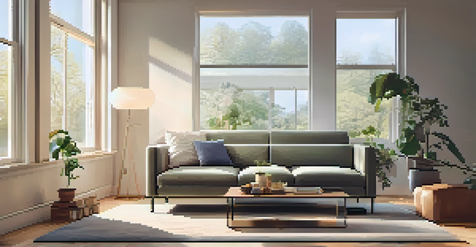 A contemporary living room showcasing smart home devices, with automated lighting and a smart thermostat on the wall.
