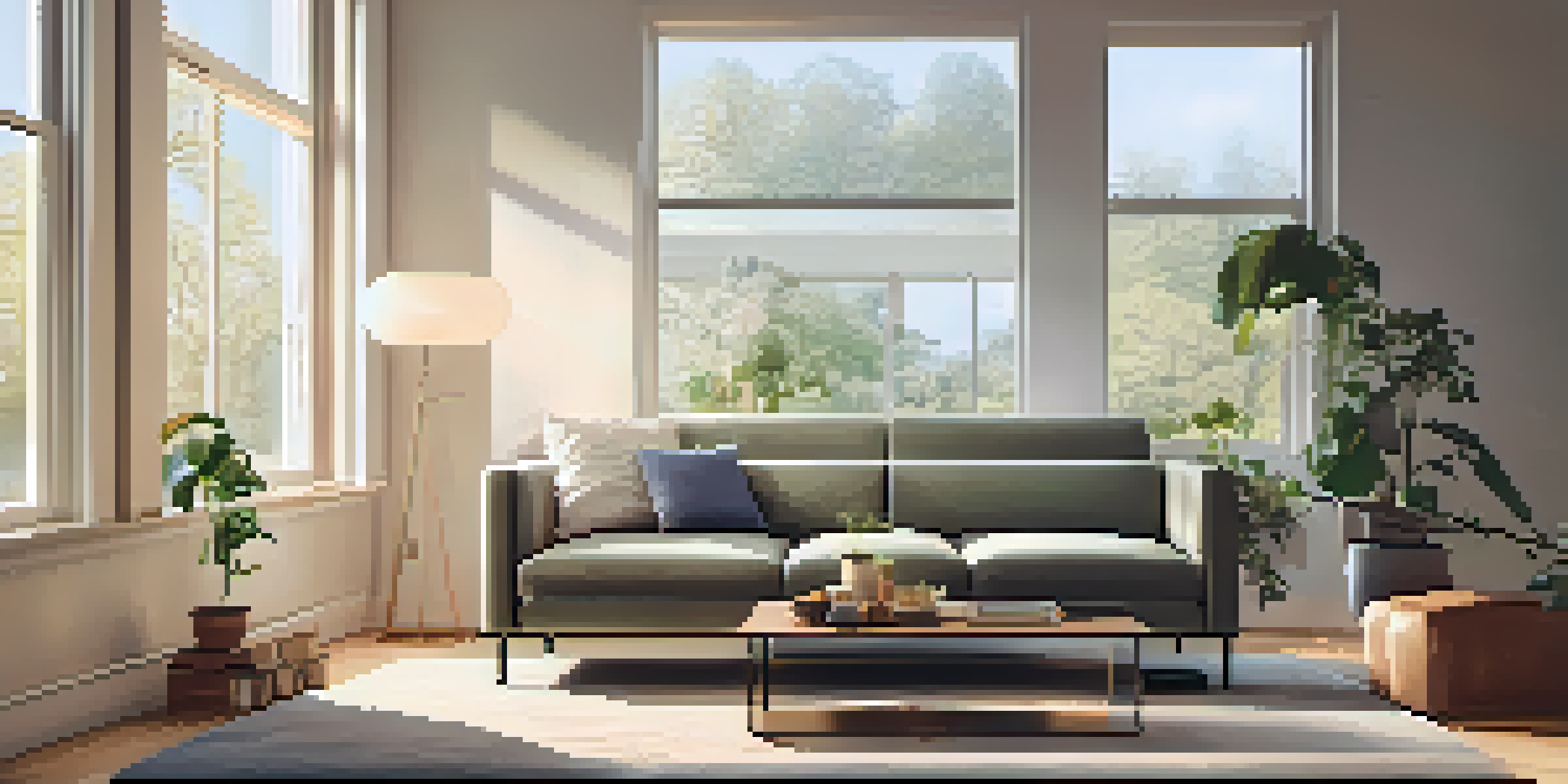 A contemporary living room showcasing smart home devices, with automated lighting and a smart thermostat on the wall.