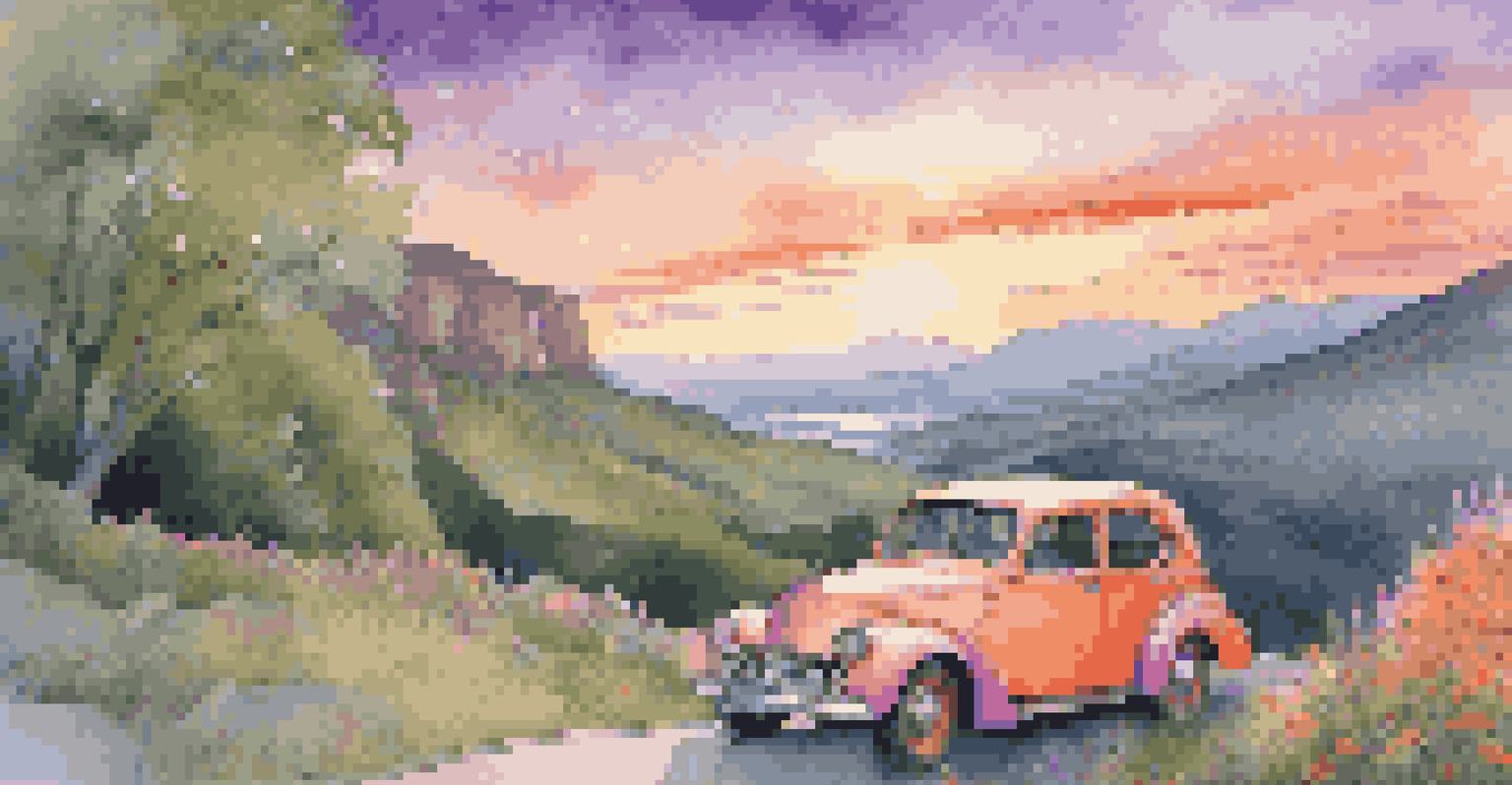 A vintage car parked at a scenic overlook with a beautiful sunset over a lush green valley and winding mountain road.