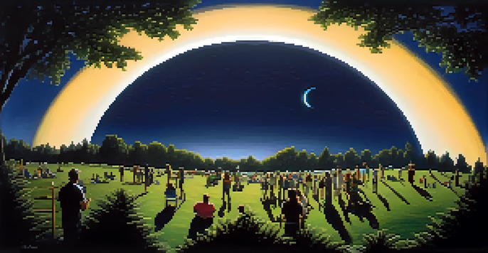 A total solar eclipse with the Moon blocking the Sun and people watching in awe beneath a darkened sky.