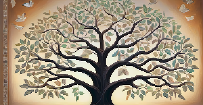 An artistic representation of a family tree with leaves as photographs of ancestors, set in a warm, pastel background.