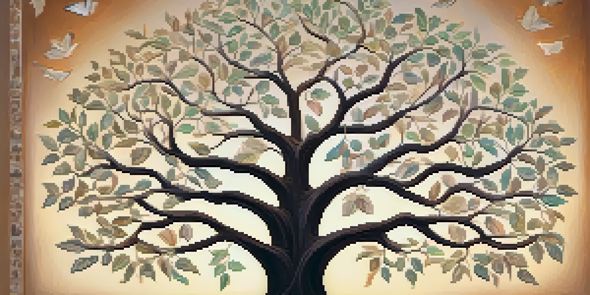 An artistic representation of a family tree with leaves as photographs of ancestors, set in a warm, pastel background.