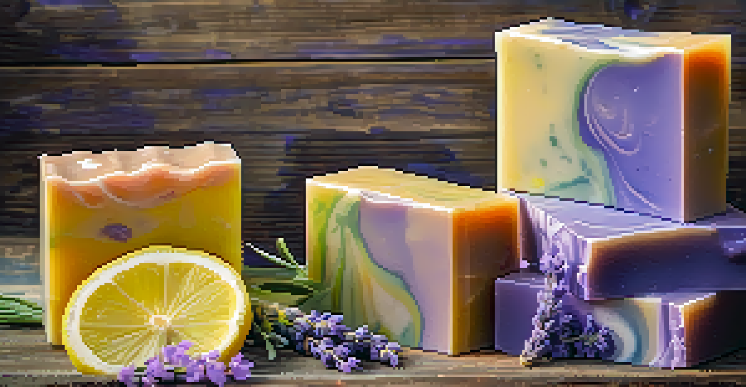Close-up of colorful handmade soap bars with essential oils, surrounded by lavender and lemon slices.