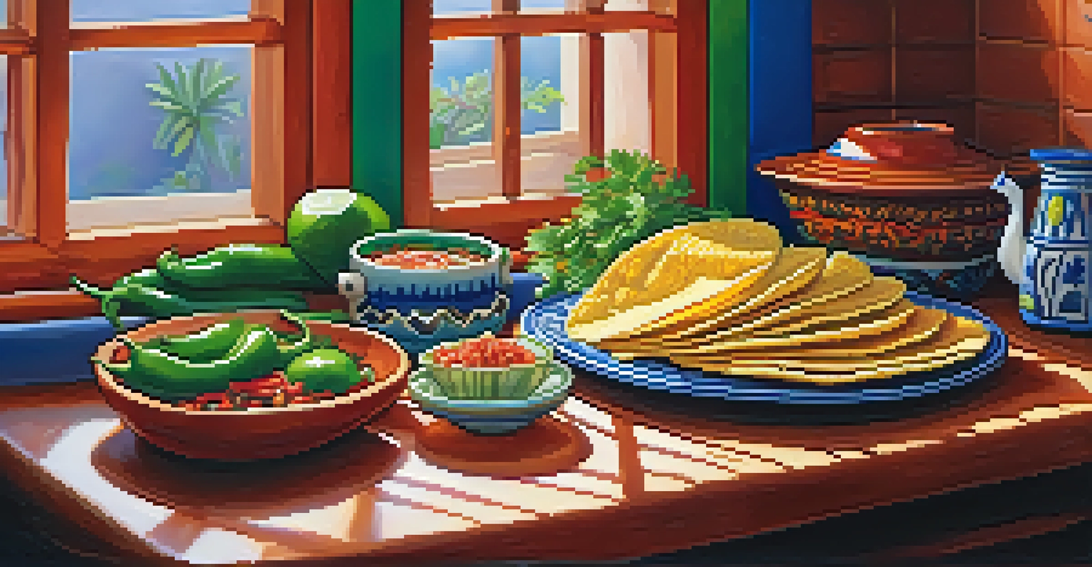 A cozy Mexican kitchen featuring a traditional wooden table with tacos, fresh cilantro, and lime, surrounded by vibrant colors and textures.