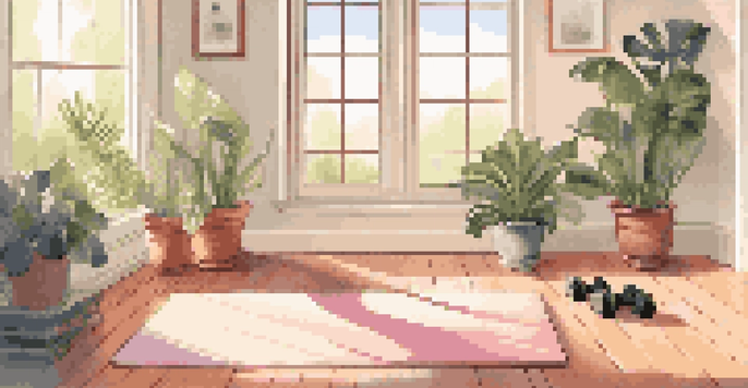 A peaceful home workout space with a yoga mat, plants, and fitness equipment in a sunlit room.