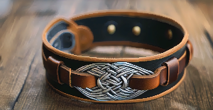A detailed view of a handcrafted leather bracelet with braiding and stamping on a wooden surface, illuminated by natural light.