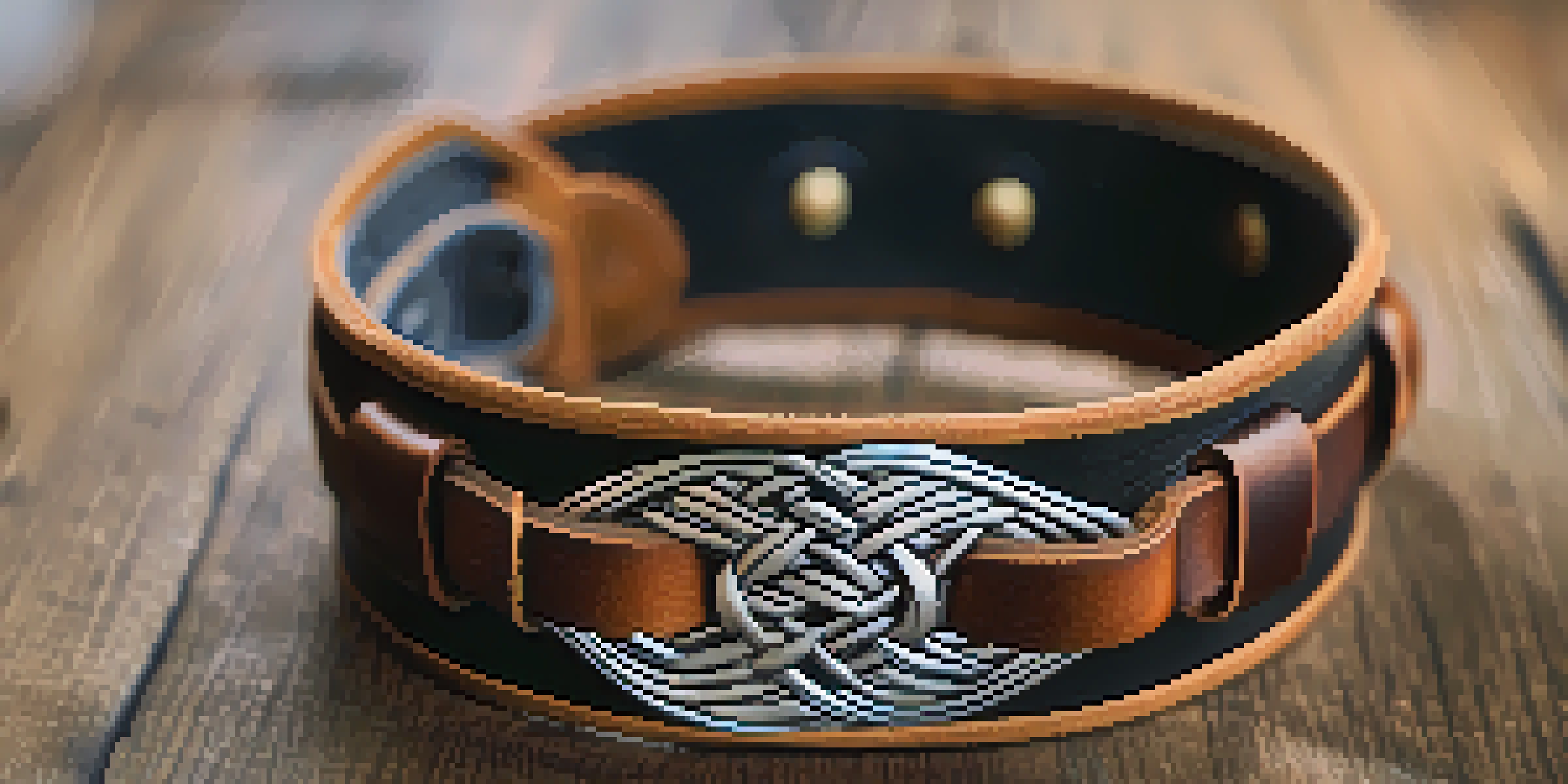A detailed view of a handcrafted leather bracelet with braiding and stamping on a wooden surface, illuminated by natural light.