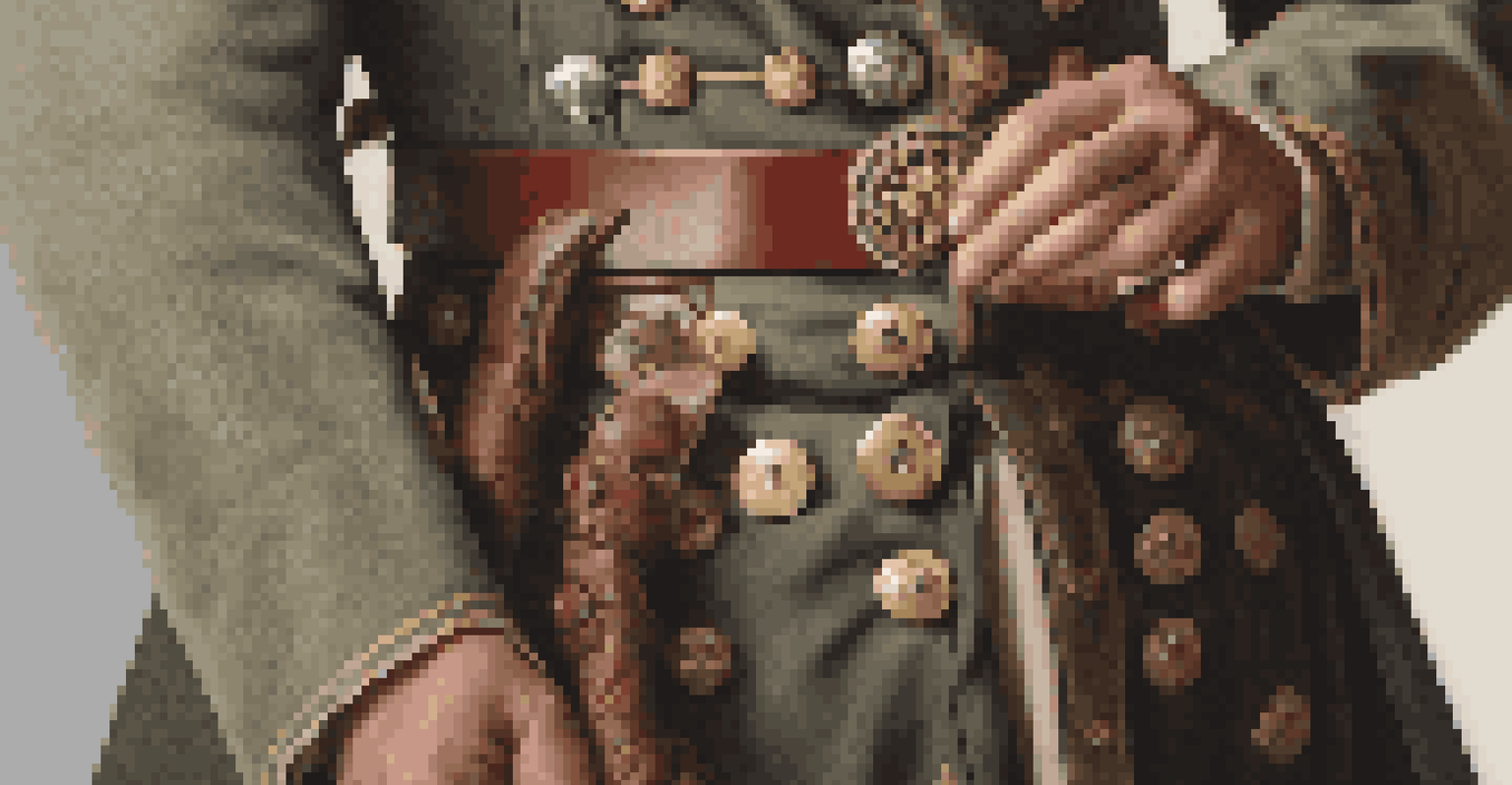 A close-up of a reenactor adjusting their authentic military uniform, highlighting details like buttons and fabric textures.
