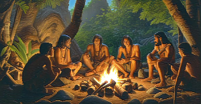 A group of early humans around a campfire, one person drumming on a log, surrounded by natural greenery.