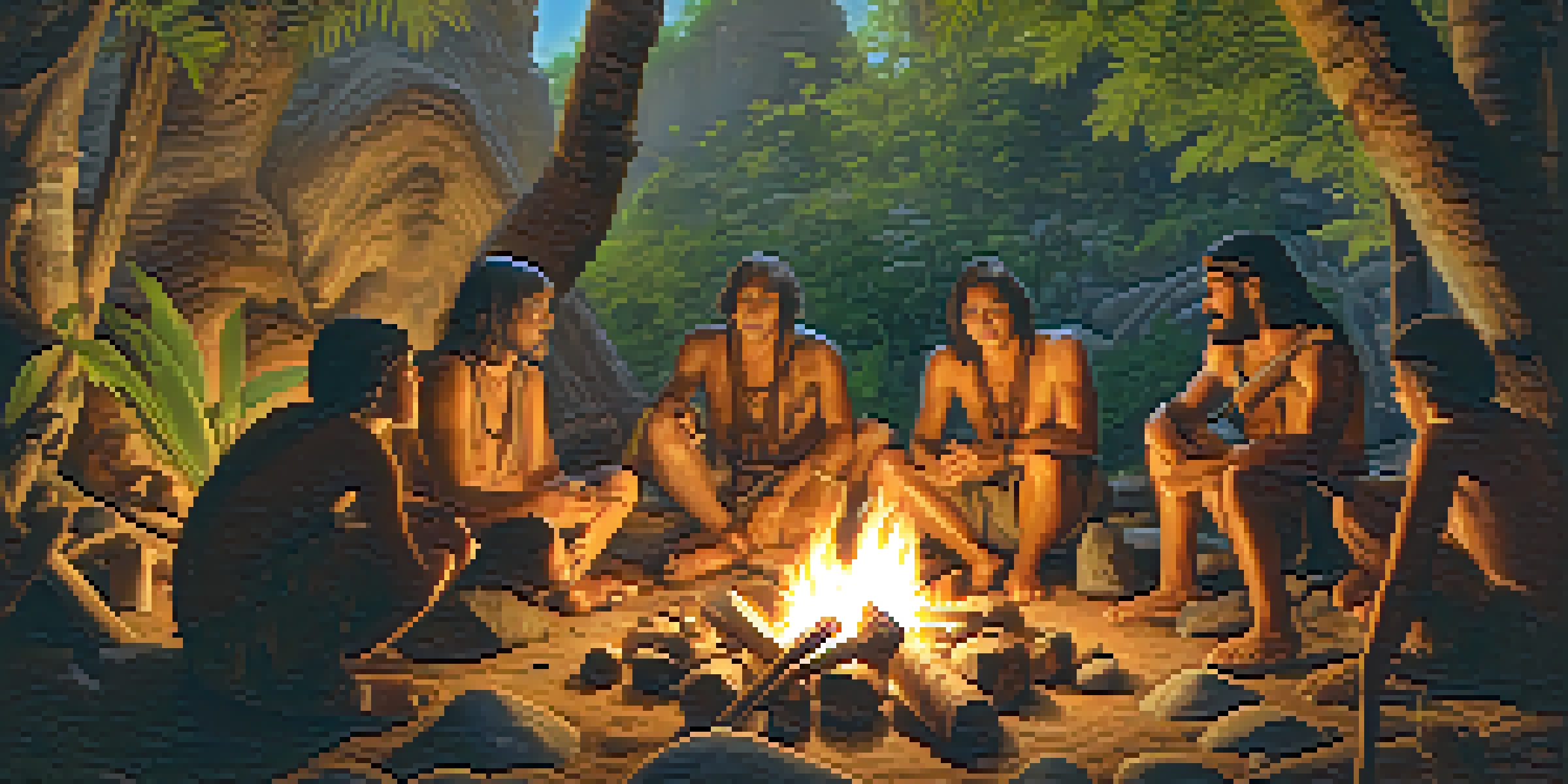 A group of early humans around a campfire, one person drumming on a log, surrounded by natural greenery.