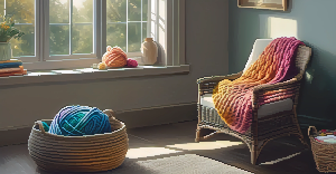 A cozy indoor knitting nook with colorful yarn, a soft armchair, and a half-finished scarf on a side table.