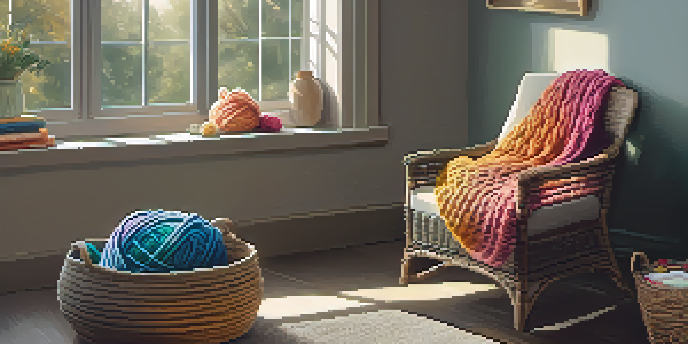 A cozy indoor knitting nook with colorful yarn, a soft armchair, and a half-finished scarf on a side table.