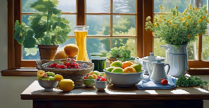 A serene kitchen table filled with fresh fruits, leafy greens, nuts, and a cup of chamomile tea, all illuminated by soft, natural light.