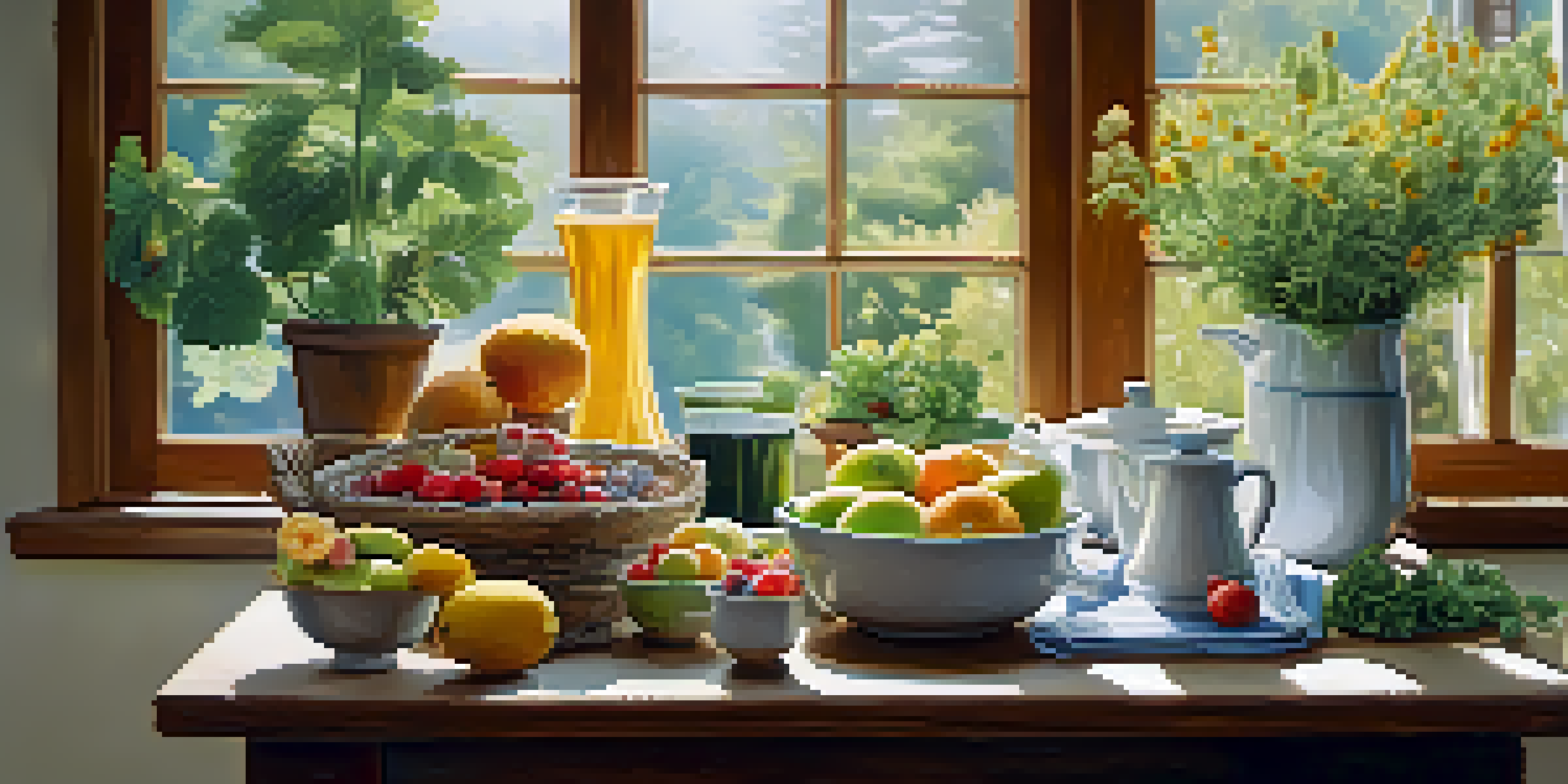 A serene kitchen table filled with fresh fruits, leafy greens, nuts, and a cup of chamomile tea, all illuminated by soft, natural light.