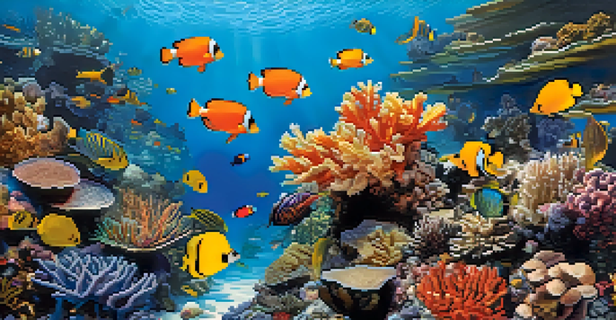 A colorful coral reef filled with various corals and schools of tropical fish swimming in clear water.