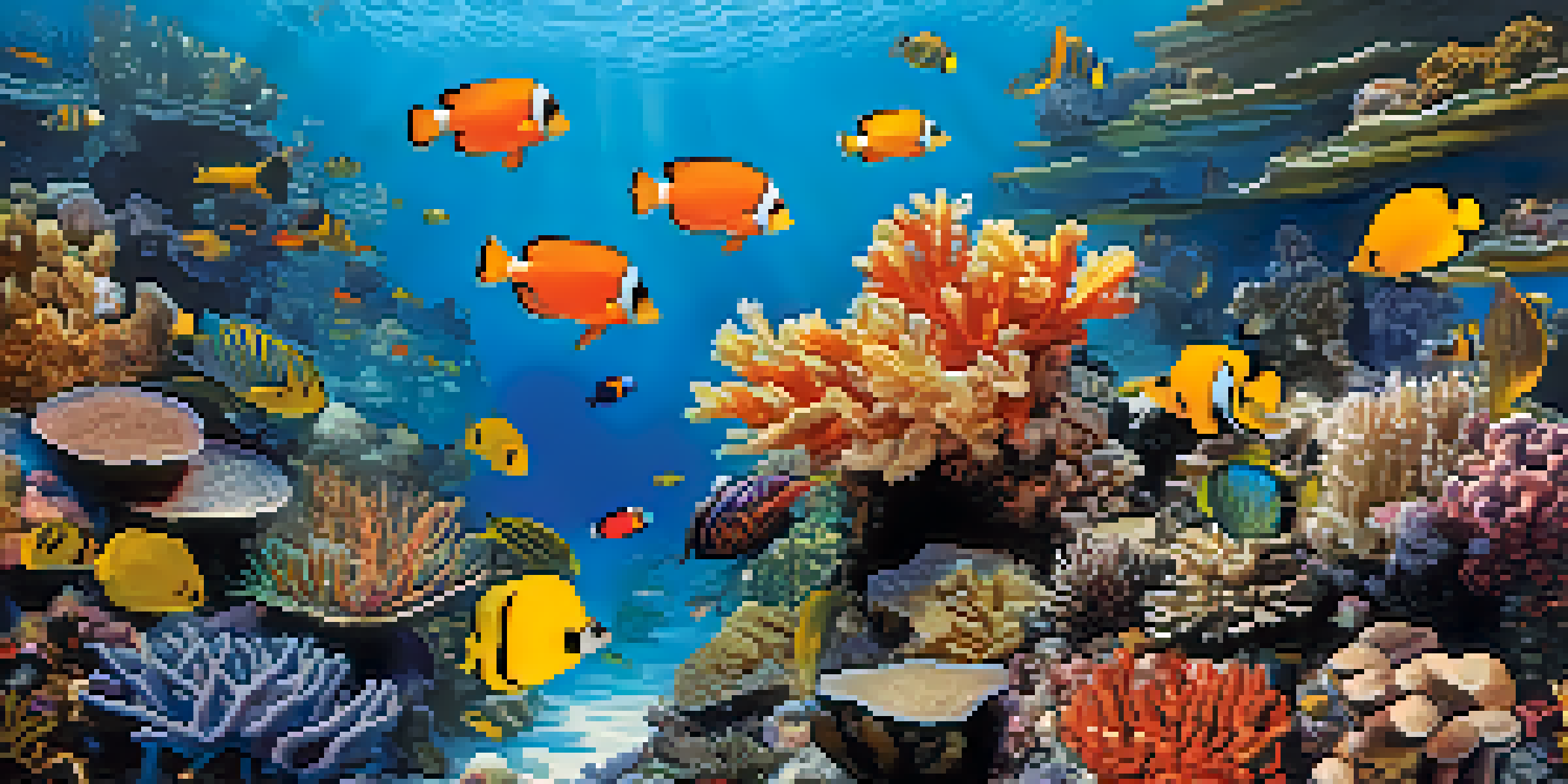 A colorful coral reef filled with various corals and schools of tropical fish swimming in clear water.