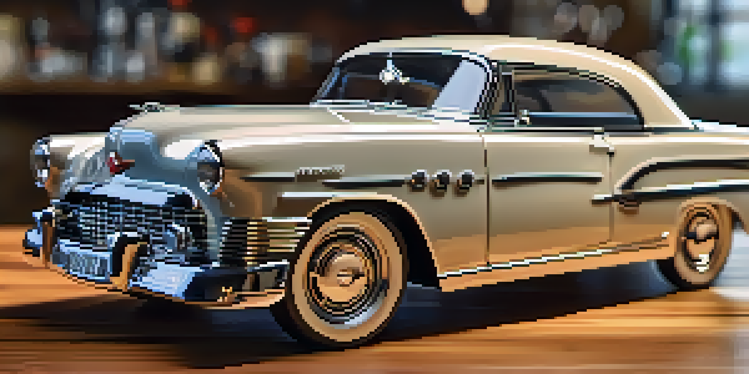 A detailed model of a classic car on a wooden table, illuminated by soft light, with a blurred workshop in the background.