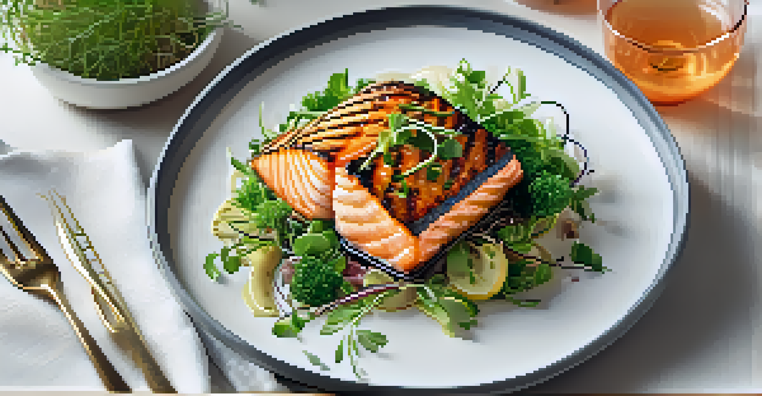 A plate featuring grilled salmon with sous vide carrots and broccoli, garnished with microgreens and a citrus vinaigrette.