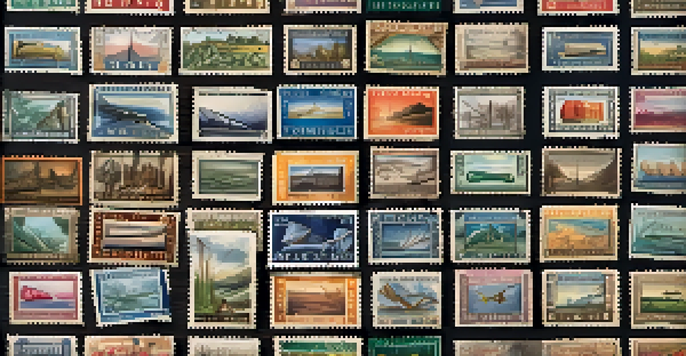 A detailed view of vintage postage stamps on a dark wooden table, showing various designs and colors, illuminated by soft natural light.