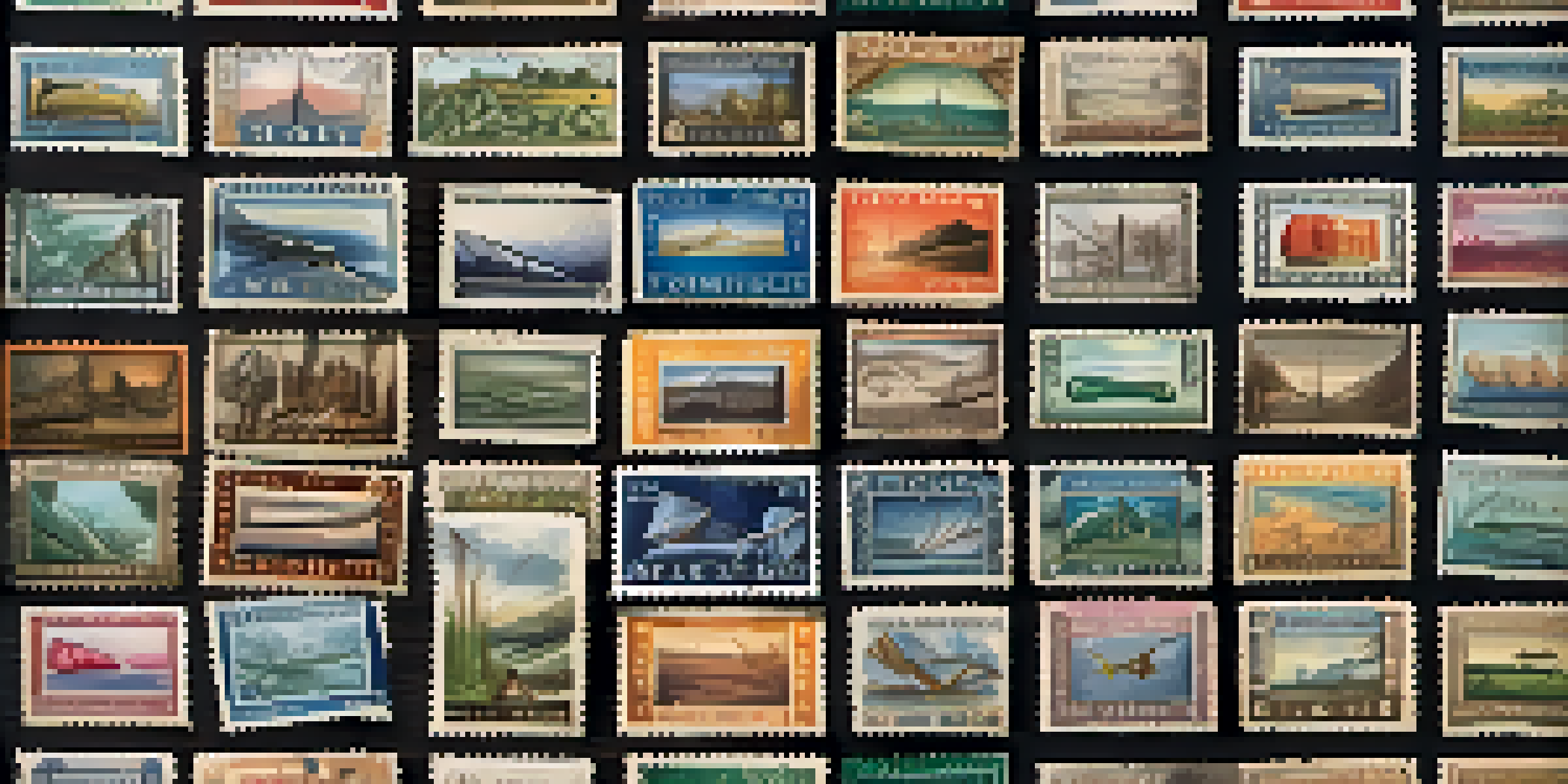 A detailed view of vintage postage stamps on a dark wooden table, showing various designs and colors, illuminated by soft natural light.
