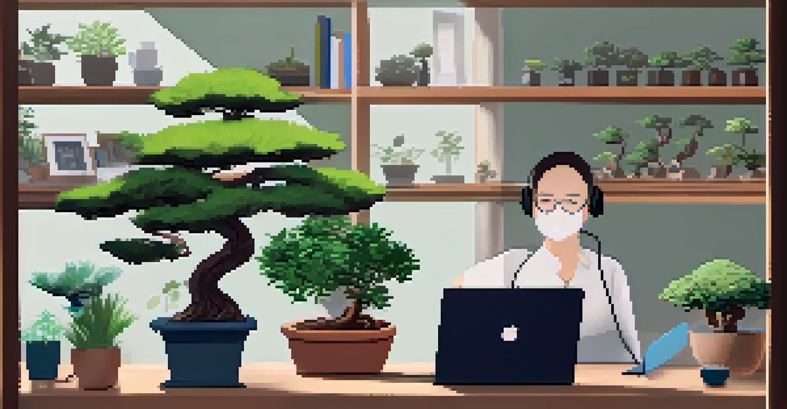 A bonsai expert conducting an online workshop with a laptop, surrounded by bonsai trees and gardening tools.