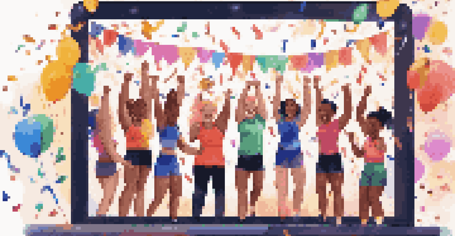 A computer screen displaying a digital fitness milestone badge, with friends on a video call cheering and celebrating together.
