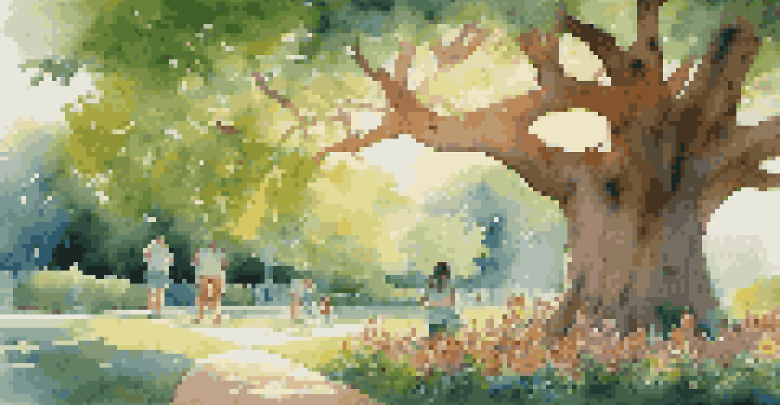 A family tree in a park with children playing nearby, symbolizing family legacy and connection.
