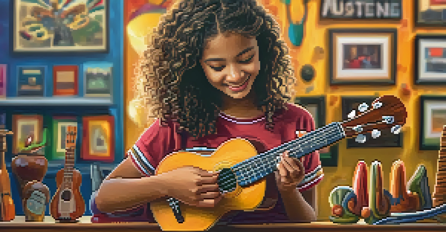 A close-up of a young person playing a ukulele, with a colorful music store in the blurred background.