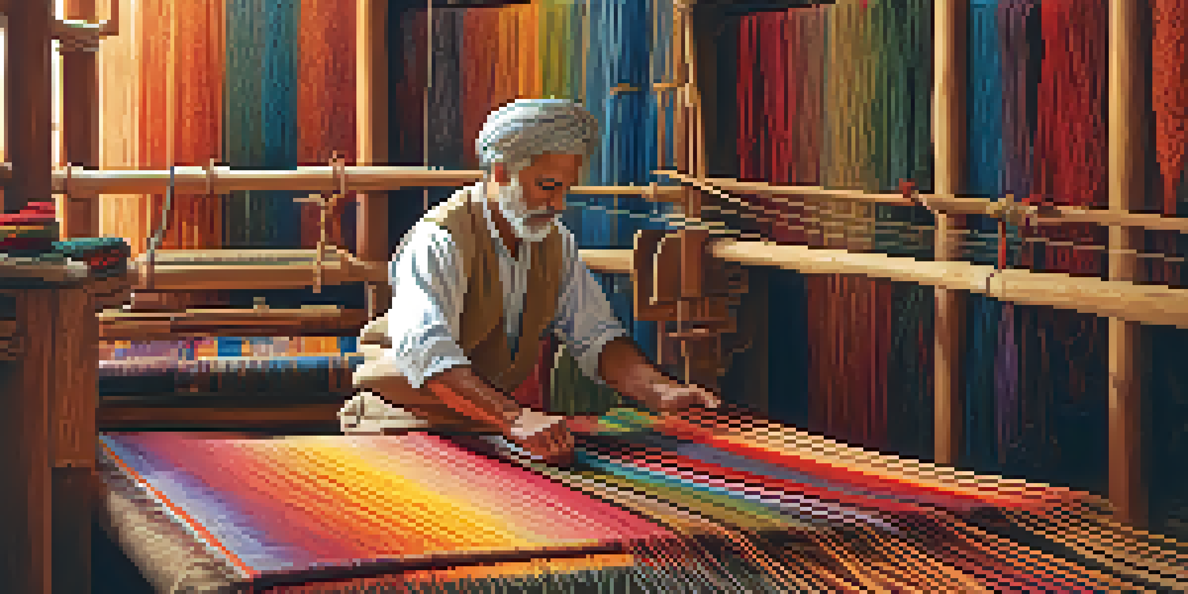 An artisan weaving a colorful Persian rug on a loom, with vibrant colors and intricate patterns, illuminated by warm natural light.