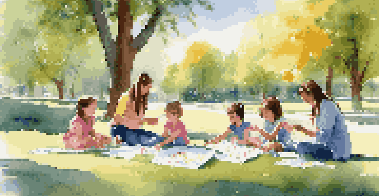 A person teaching origami to children in a sunny park, with colorful papers and vibrant trees around.