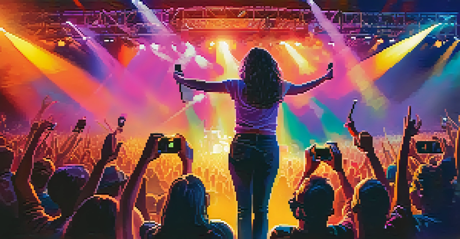 An energetic live concert with an artist on stage, dynamic lighting, and an engaged audience capturing the moment.