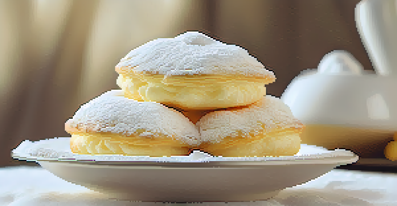 A close-up of a cream puff dusted with powdered sugar on a white plate.