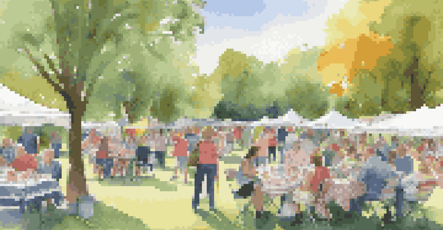 An outdoor fabric swap event in a park with participants engaging around tables filled with fabrics.