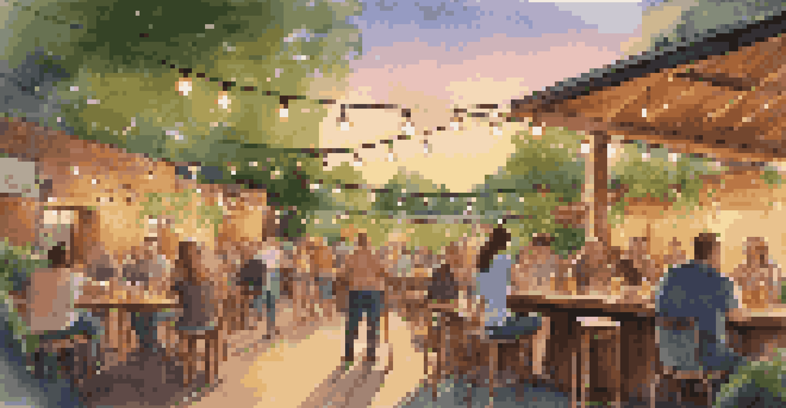 An outdoor beer garden at sunset with people enjoying craft beers, surrounded by lush greenery and string lights creating a warm atmosphere.