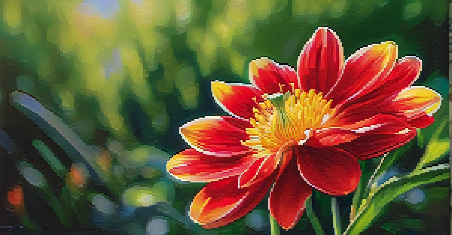 A close-up view of a blooming flower with vibrant red and yellow petals against a softly blurred green background.