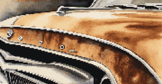 Close-up view of a vintage car hood with rusty patches, emphasizing texture and lighting.