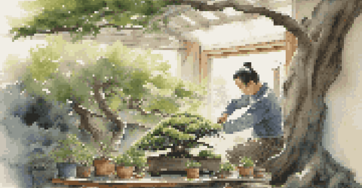 An artist carefully pruning a bonsai tree in a bright outdoor space, surrounded by tools and lush greenery.