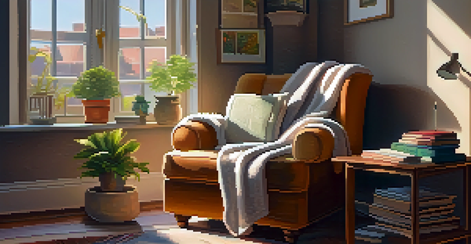 A cozy reading nook with an armchair, a cup of tea, and a stack of colorful books bathed in warm sunlight.