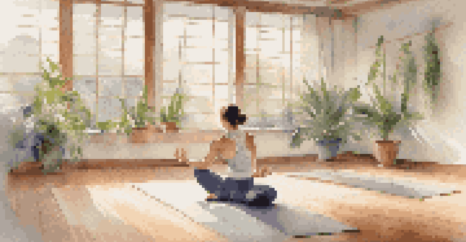 A fencer practicing yoga in a tranquil studio with sunlight streaming in, surrounded by plants.