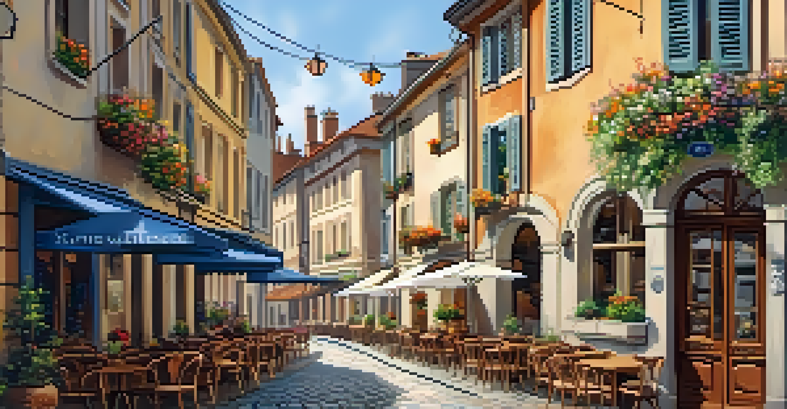 A traveler in a cozy café sketching while enjoying coffee in a quaint European town with charming architecture.