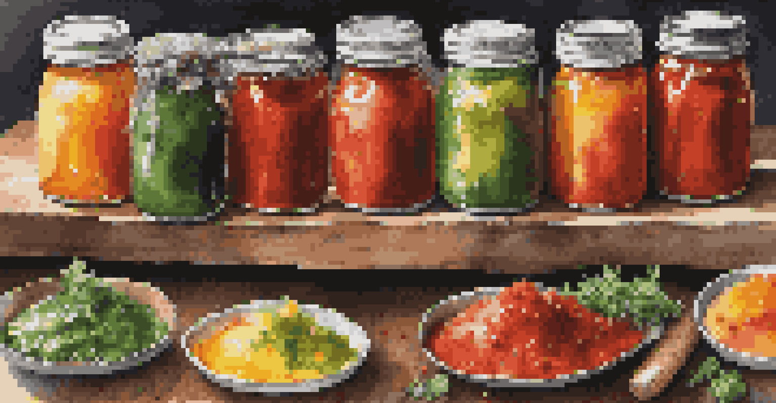 An array of homemade condiments in jars, made from leftover canning ingredients, displayed with fresh herbs and spices.