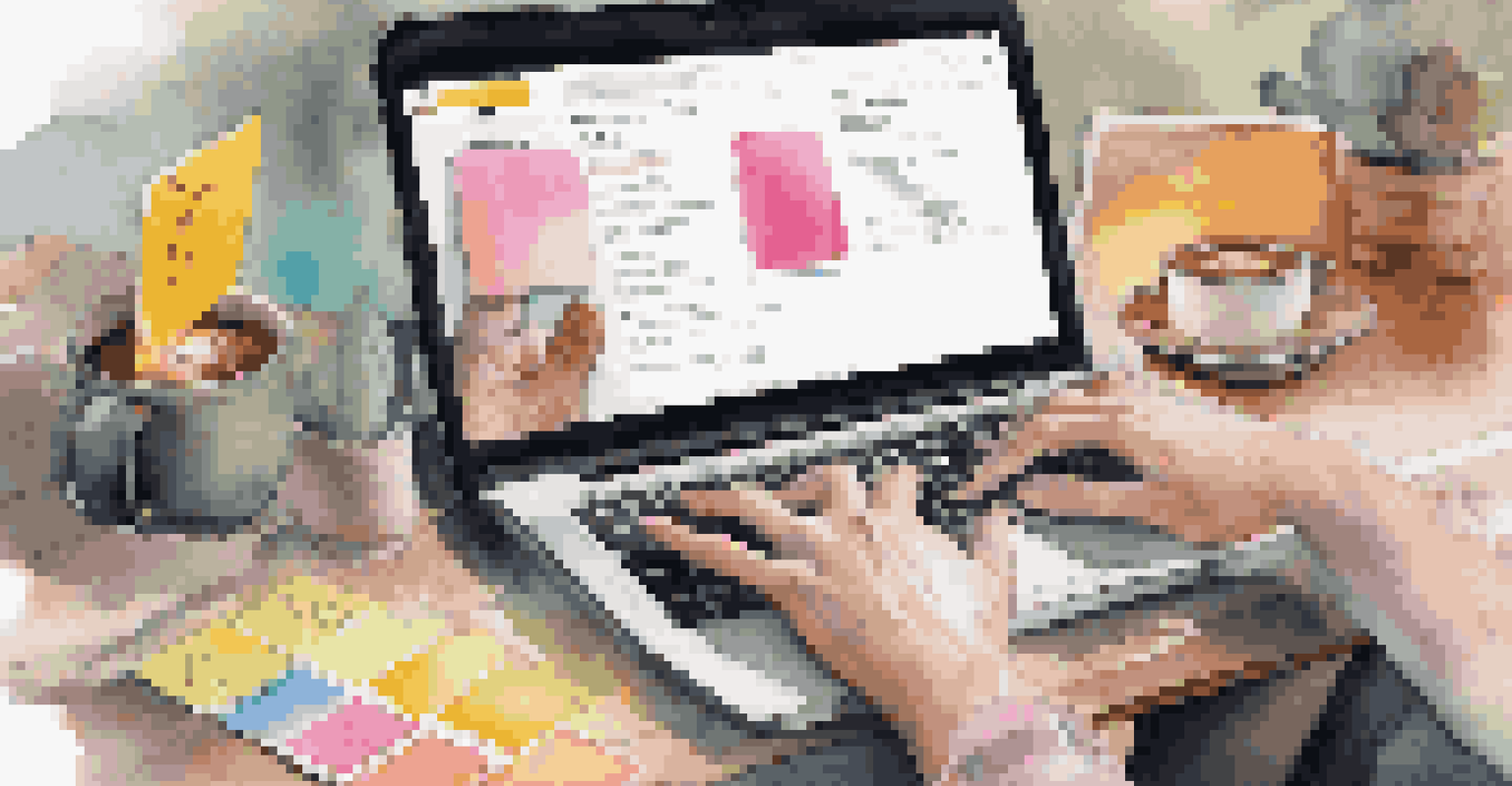 A close-up of hands typing on a laptop showing a performer’s portfolio, with colorful sticky notes and a coffee cup nearby.