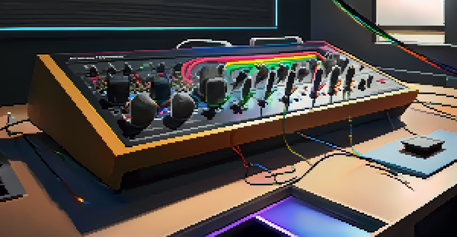 An audio interface with connected microphone and headphones in a well-lit soundproofed room.
