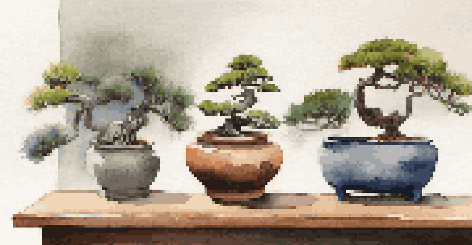 A variety of bonsai pots, including rustic, modern, and traditional styles, with a juniper bonsai and a minimalist bonsai, displayed on a wooden table illuminated by natural light.