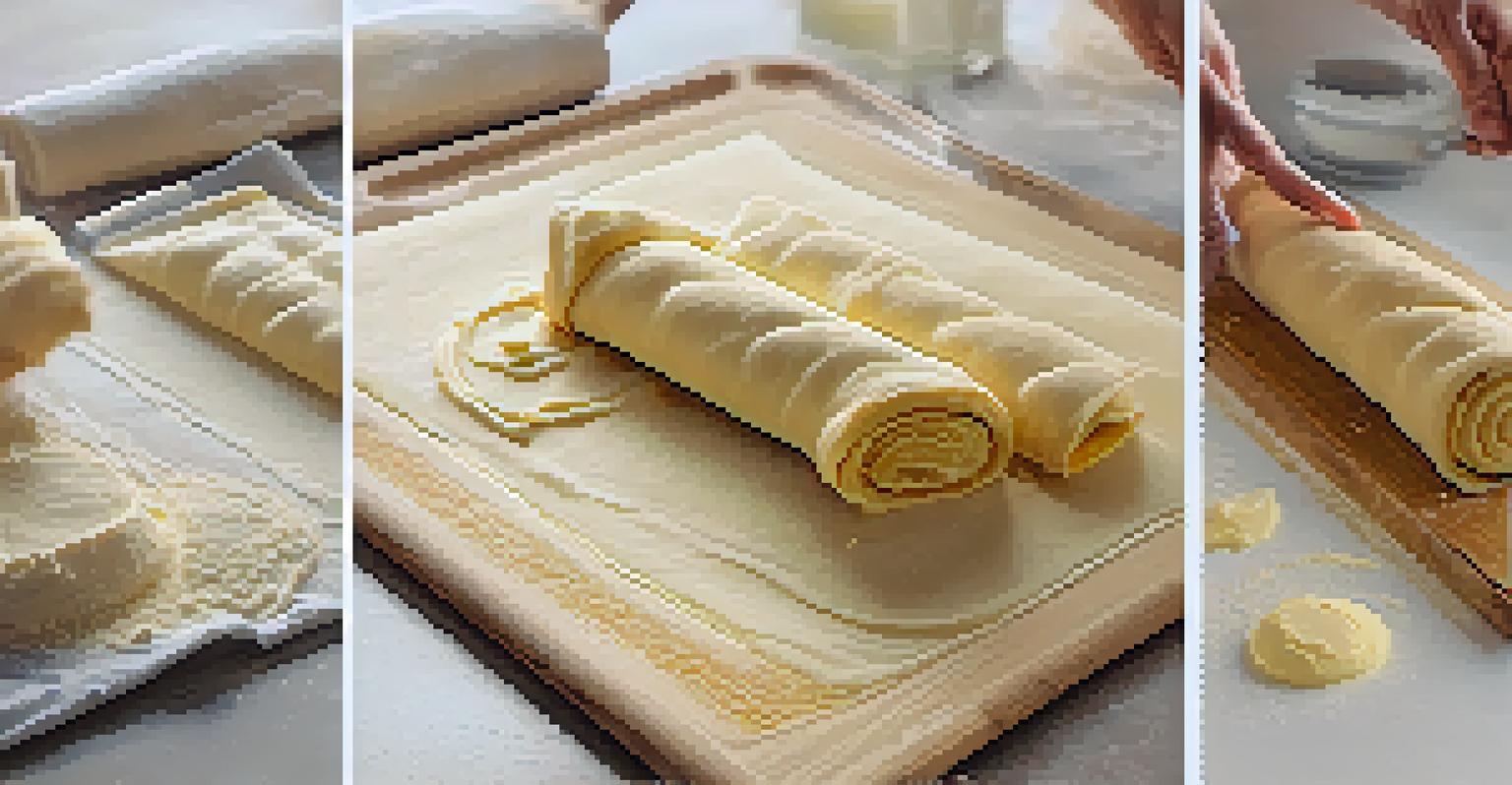 An instructional image displaying the lamination process of puff pastry with dough, butter, and a rolling pin.