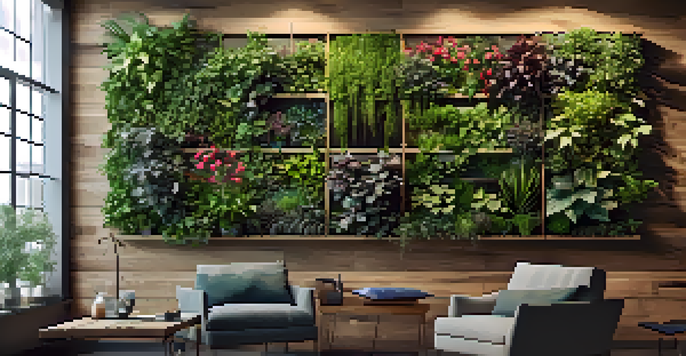 An indoor vertical garden with various green herbs and colorful flowers mounted on a sunlit wall, showcasing a rustic wooden frame and soft sunlight streaming in.